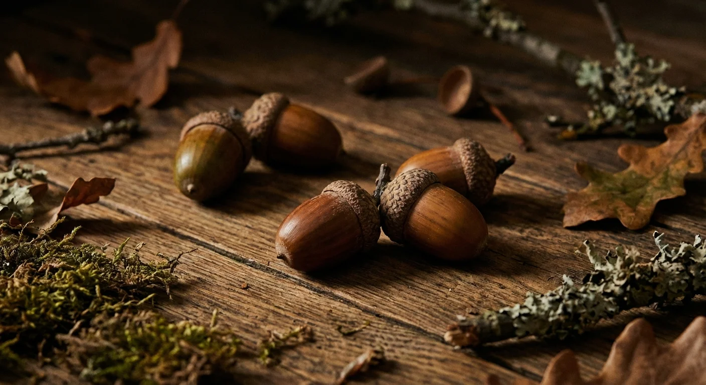 Acorns with caps on a rustic wooden background.