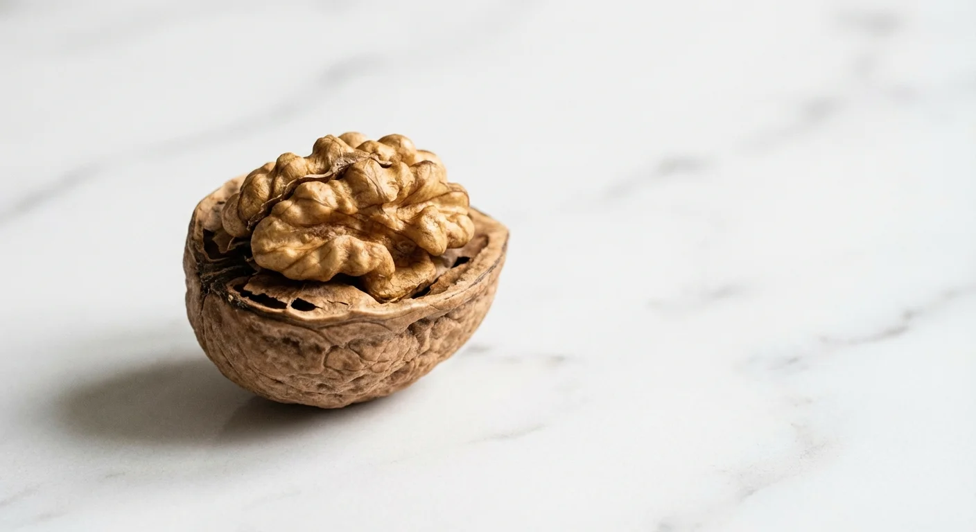 Close-up of a cracked walnut shell on a white marble surface.