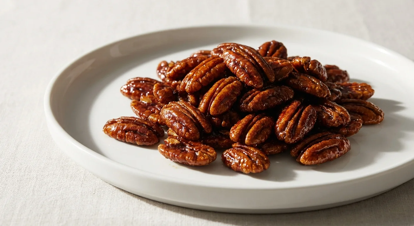 Glossy candied pecans on a white plate.