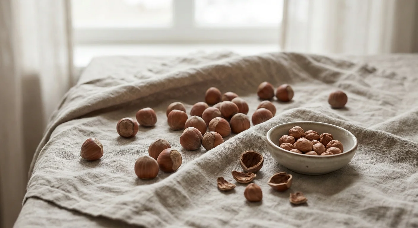 Hazelnuts scattered on a neutral linen cloth.