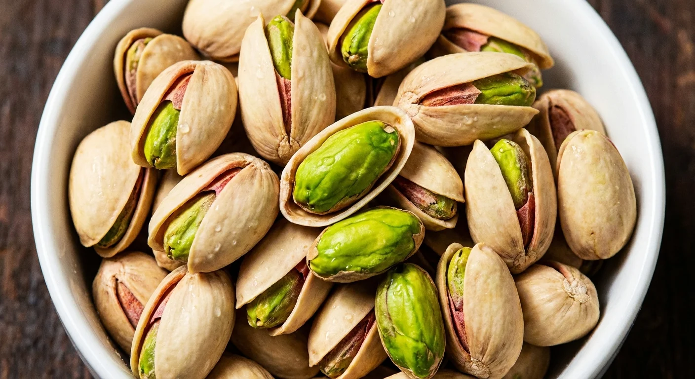Open pistachio nuts in a bowl showing green centers.