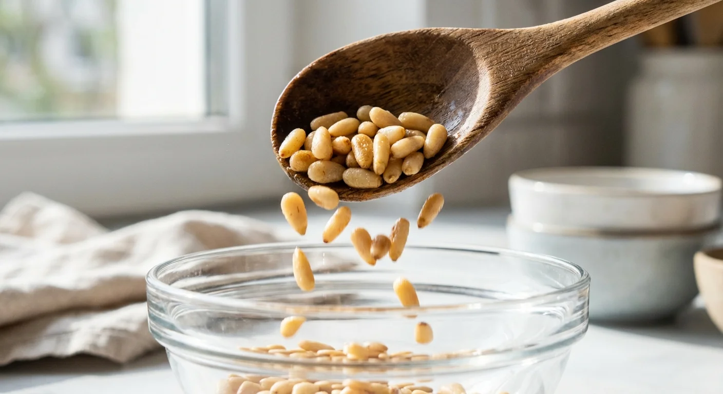 Pine nuts being poured from a wooden spoon.