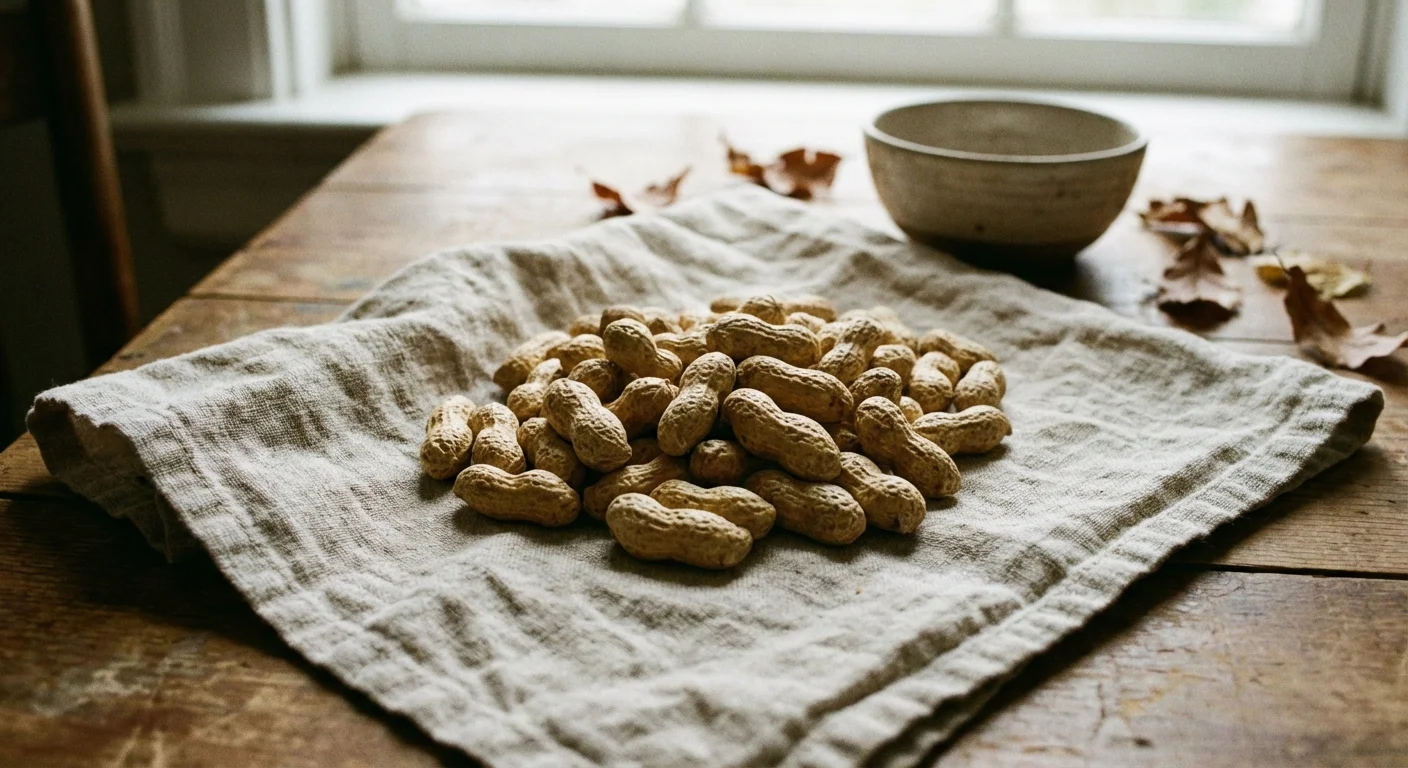 Raw peanuts in shells on a linen napkin.