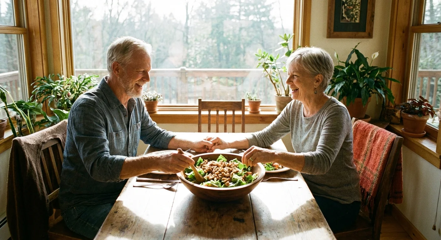 Senior couple eating a salad with walnuts in a sunny room.