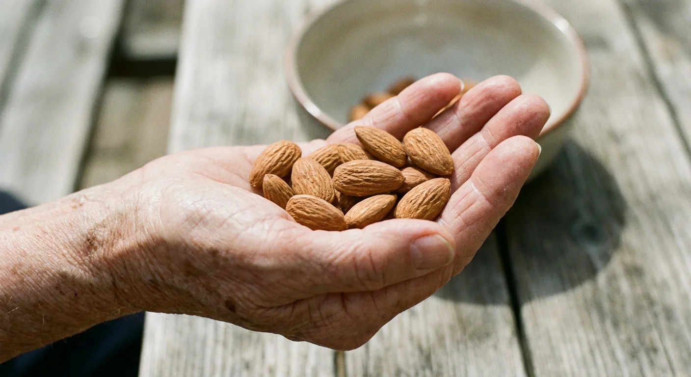 Senior's hand holding a small portion of almonds.