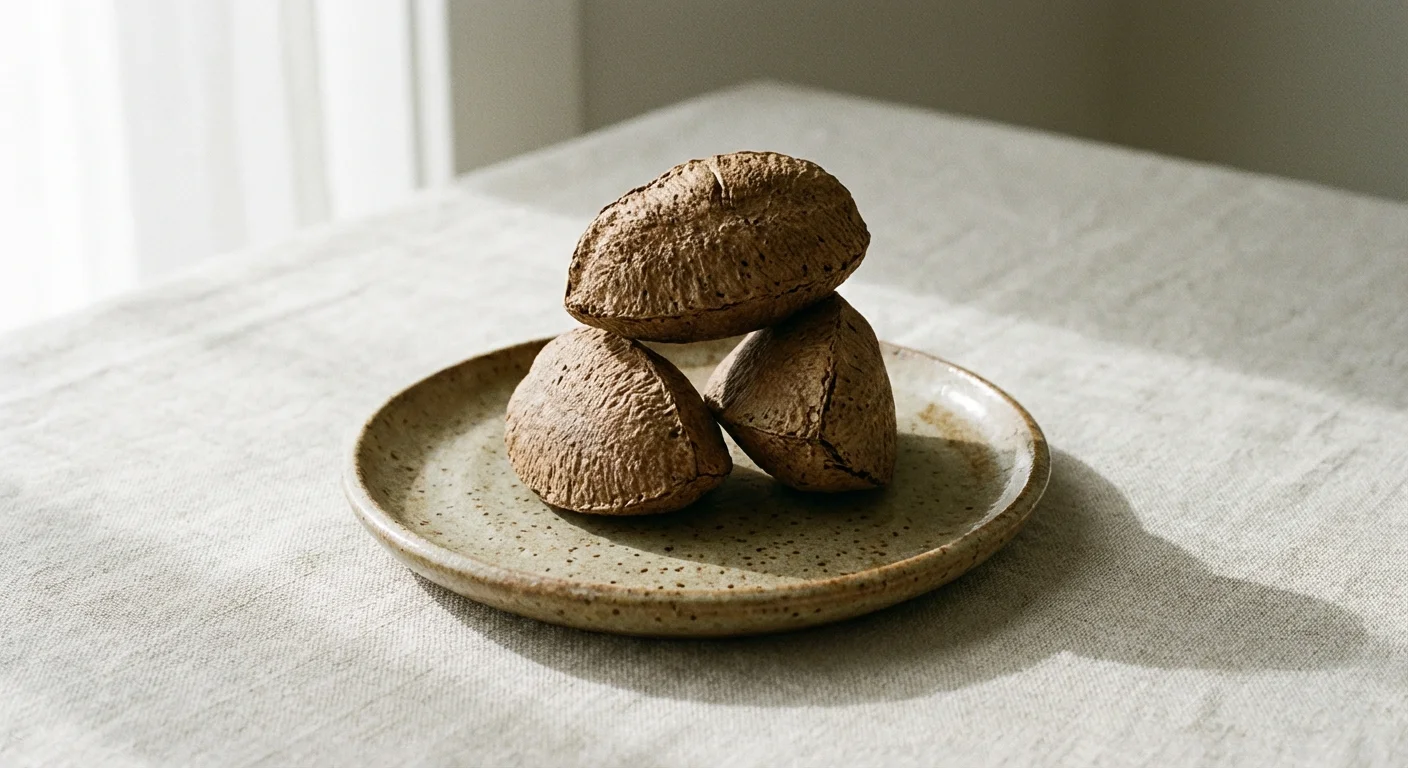 Three Brazil nuts on a small ceramic plate.