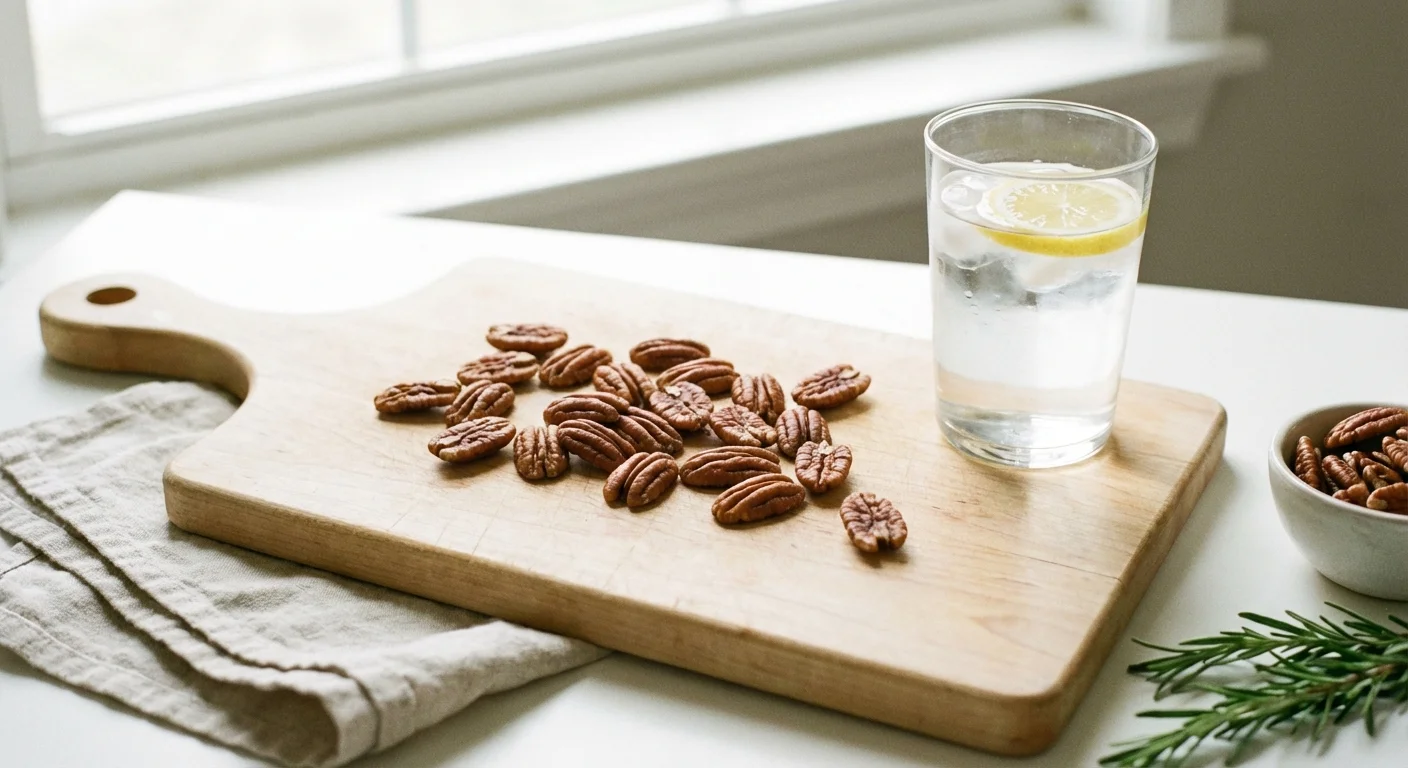 Whole pecan halves on a wooden board.