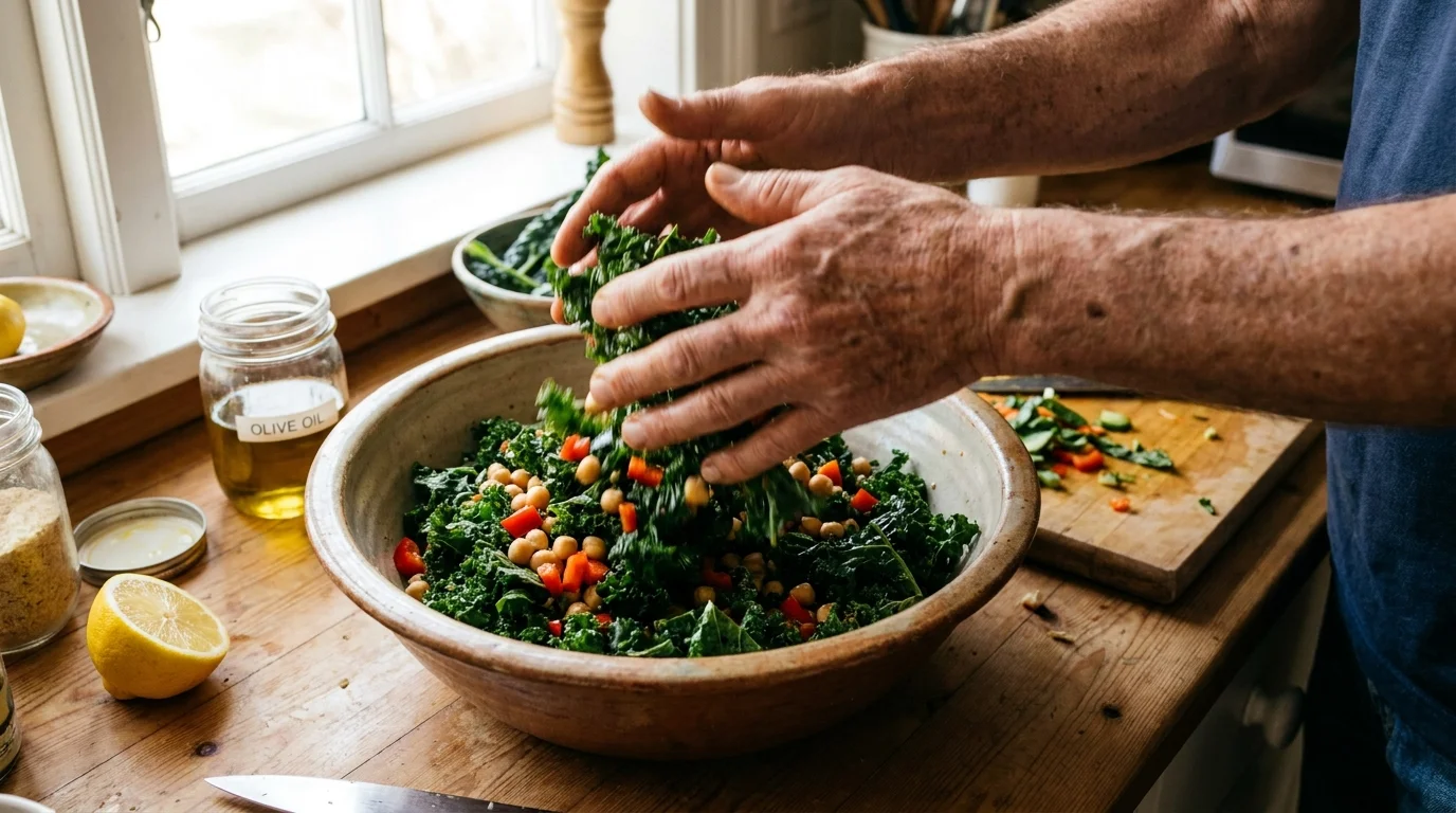 A candid photo of a senior's hands mixing a colorful chickpea and kale salad on a kitchen counter.