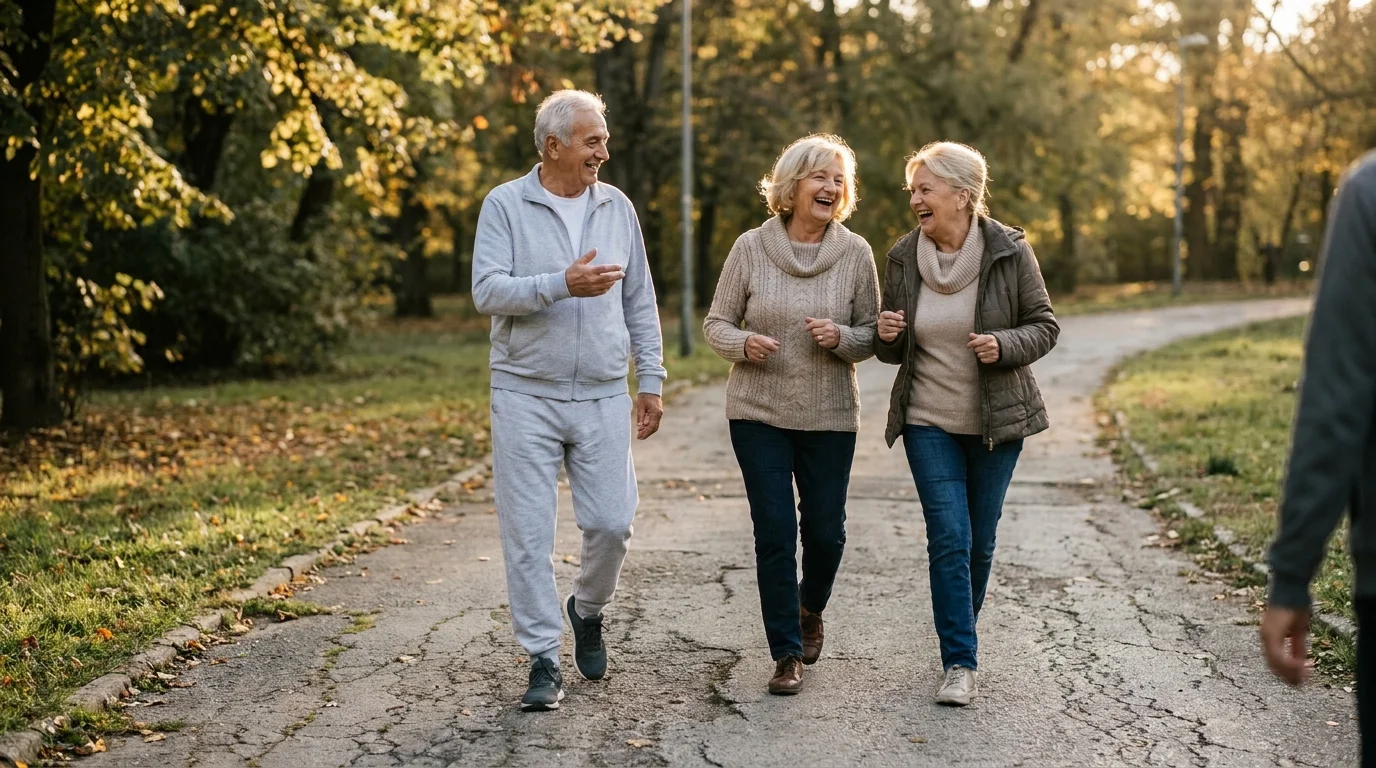 A candid photo of three seniors walking and talking together on a sunlit park trail, representing community and active lifestyle.