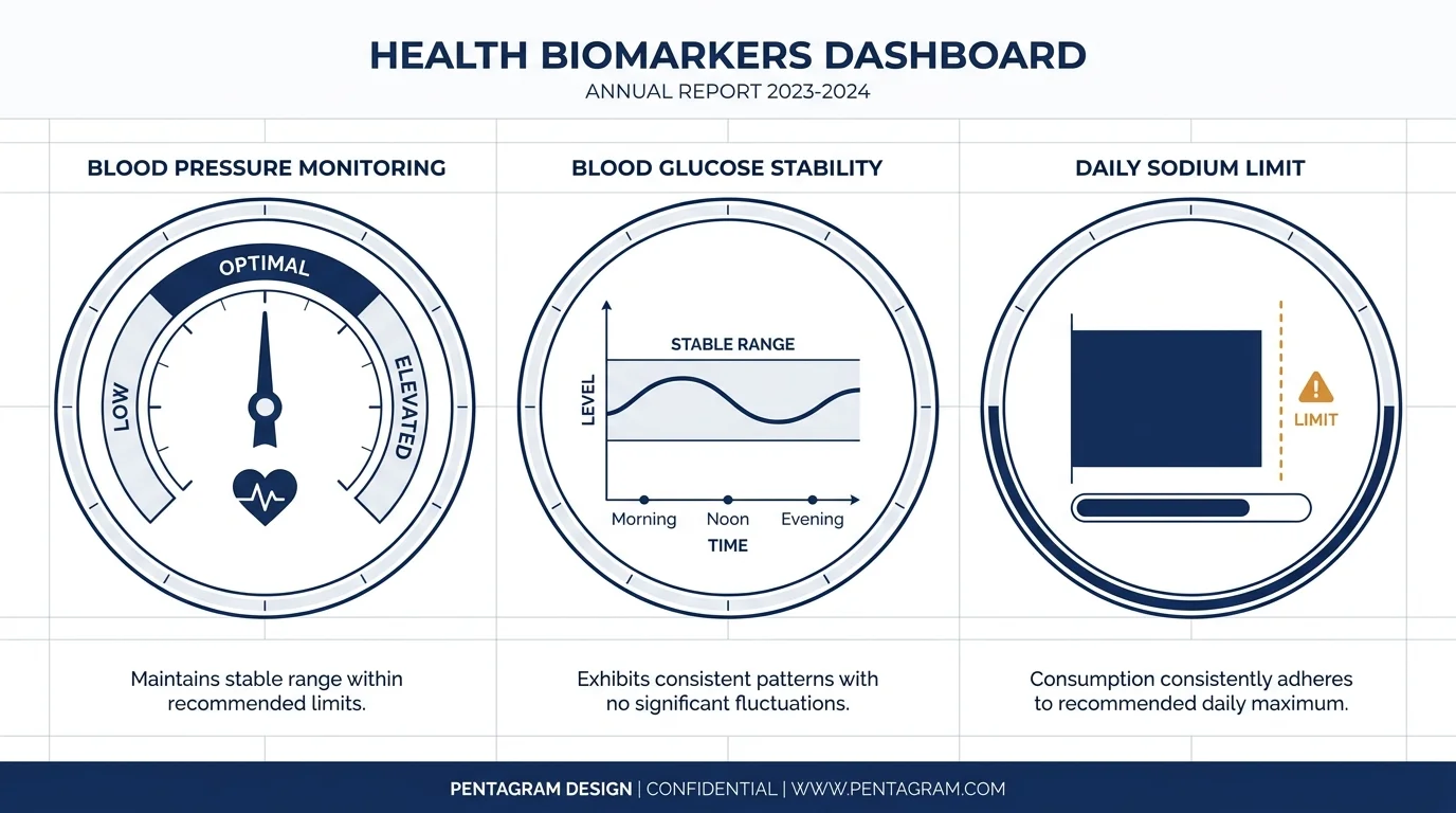 A clean health dashboard showing blood pressure, blood glucose, and sodium intake levels.