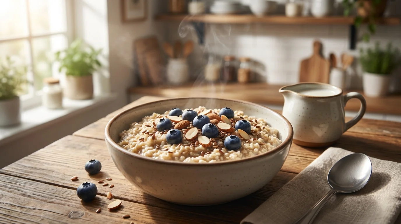 A close-up photograph of a healthy oatmeal bowl with blueberries and almonds on a rustic wooden table in soft morning light.