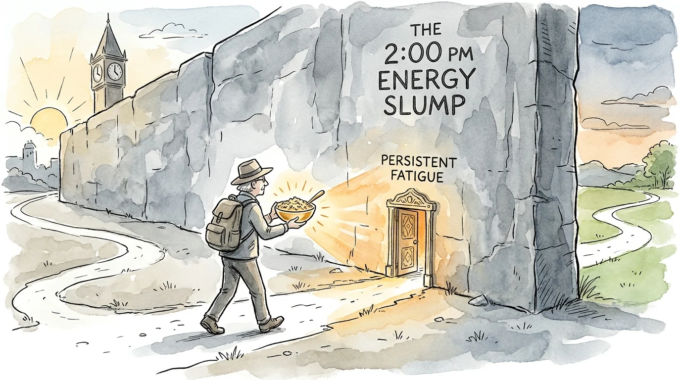A conceptual watercolor illustration of a person using a glowing bowl of food to find a door through a wall labeled '2:00 PM Slump'.