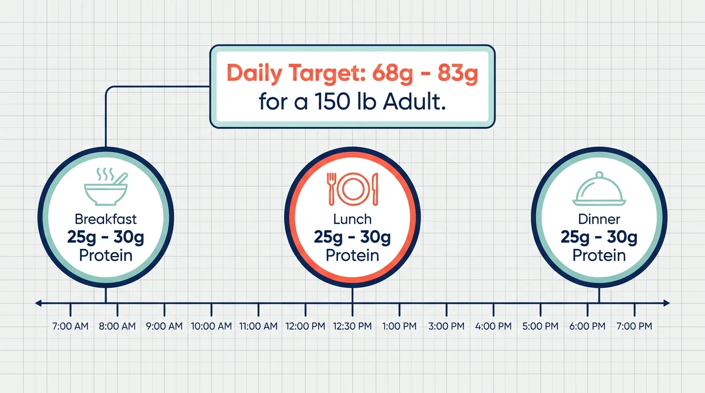 A horizontal infographic showing three meals spaced throughout the day, each containing 25-30g of protein for a total of 68-83g.