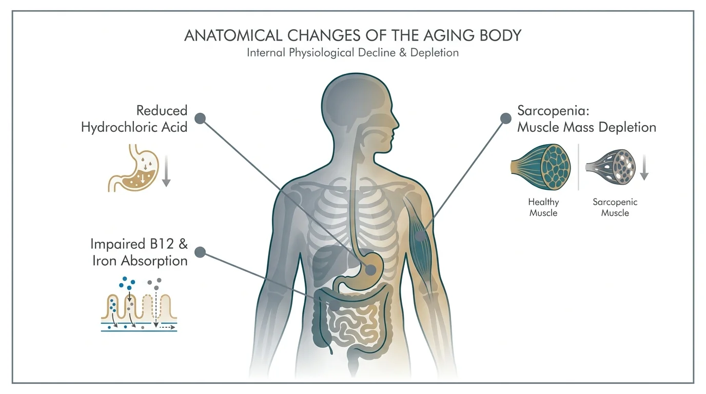 A minimalist anatomical diagram showing how aging affects stomach acid, nutrient absorption, and muscle mass.