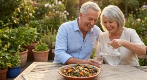 A senior couple enjoys a healthy grain bowl meal outdoors in a sunlit garden, symbolizing vitality through nutrition.