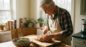 A senior man prepares roasted turkey and lentils in a sunlit kitchen, emphasizing healthy protein swaps.