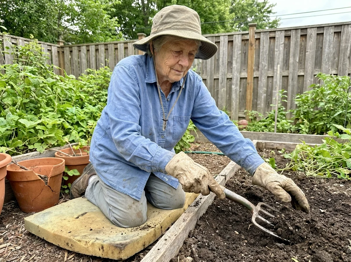 A senior woman gardening outdoors, showcasing the physical activity needed to maintain muscle mass.