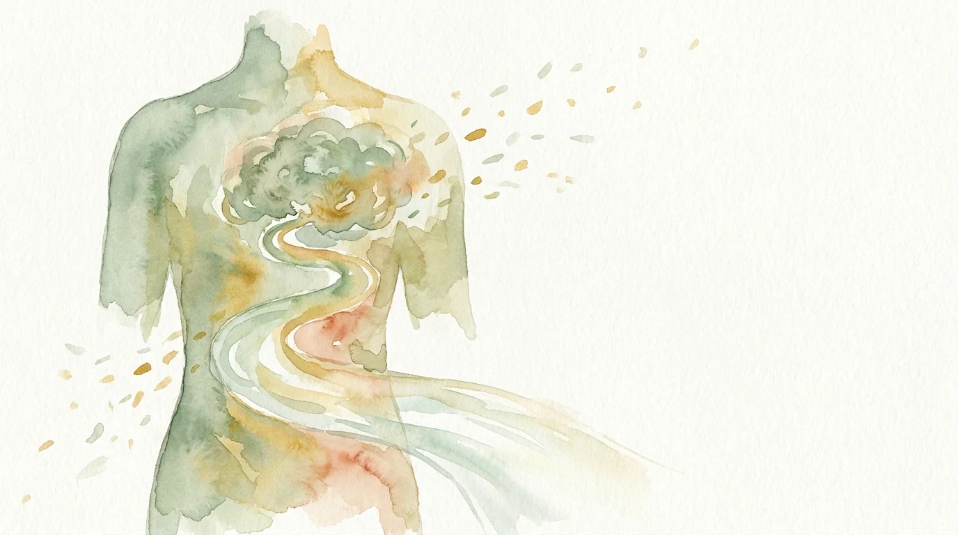 A soft watercolor illustration showing a stylized digestive path transitioning from sluggish and dark to clear and bright.