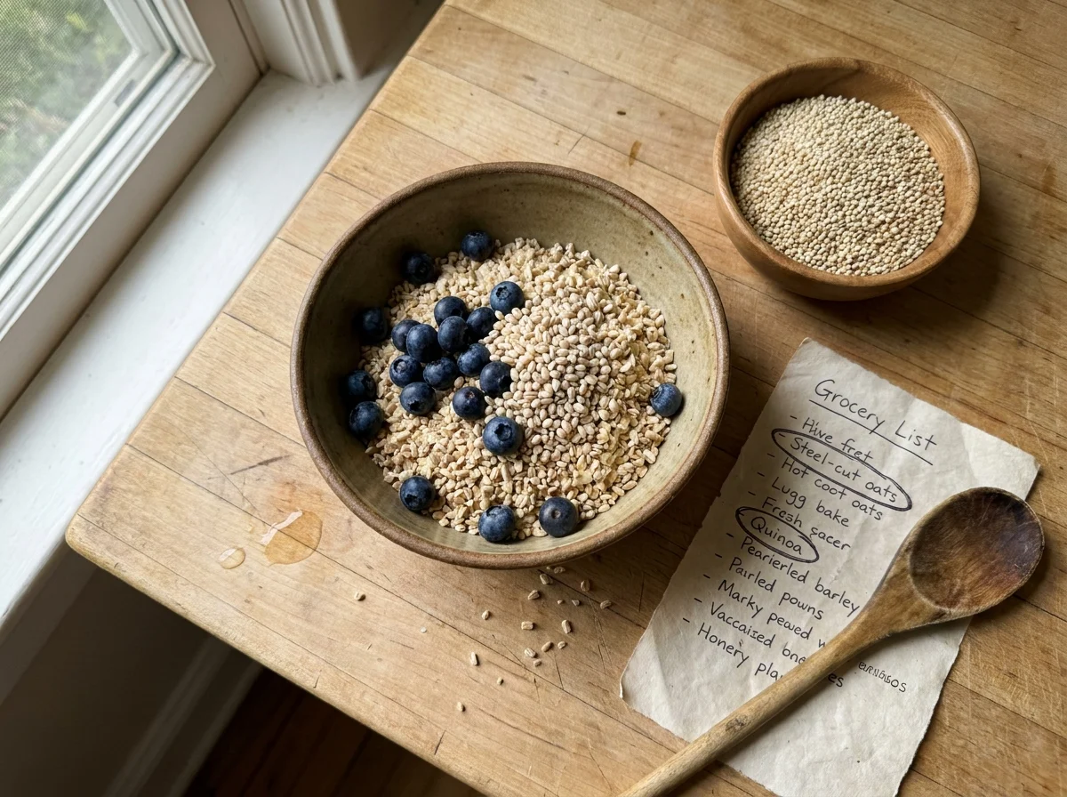 A top-down kitchen photo of steel-cut oats and quinoa on a counter, with a grocery list highlighting complex carbohydrates.