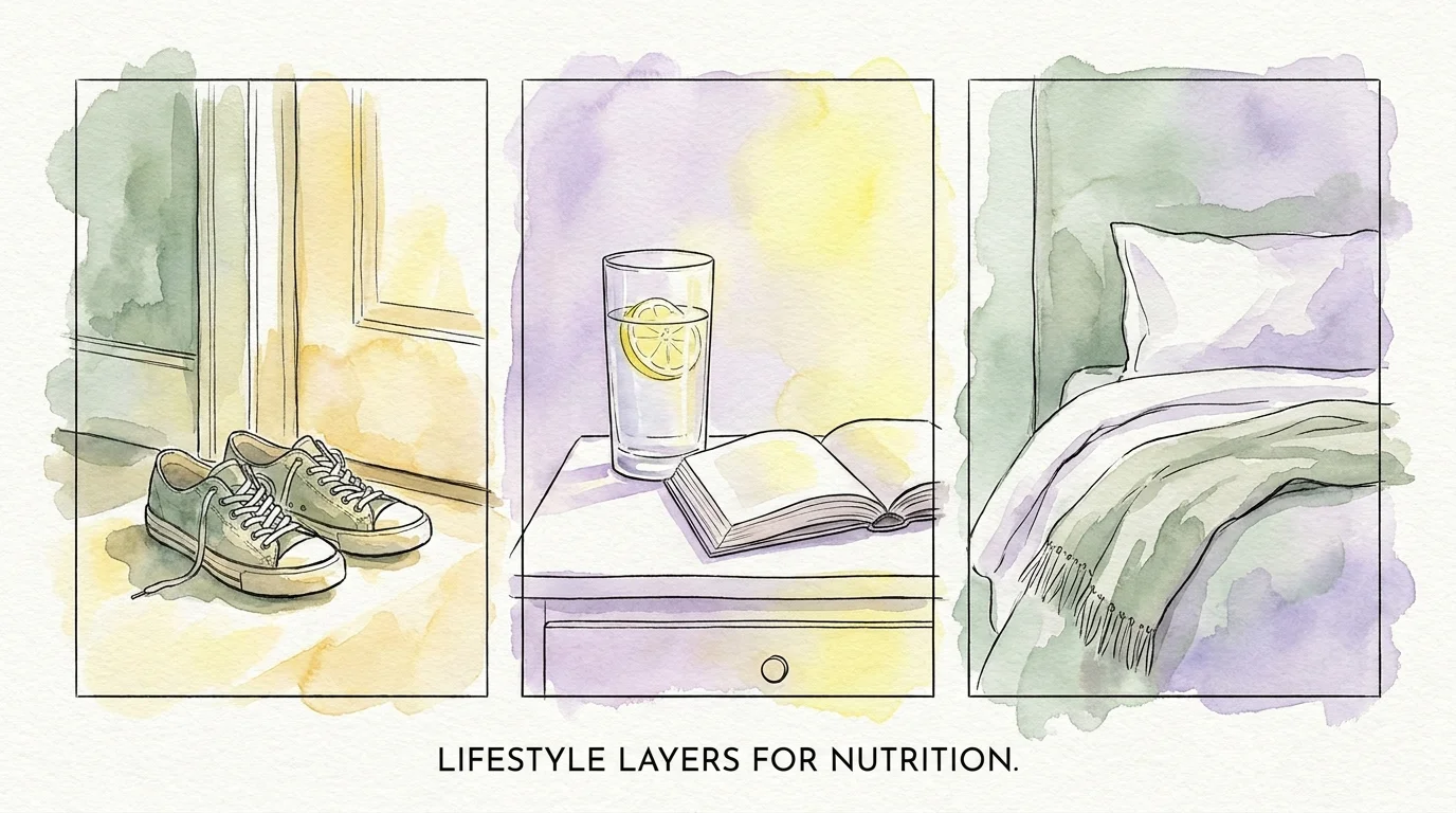 A triptych watercolor illustration showing walking shoes, a glass of lemon water, and a comfortable bed.