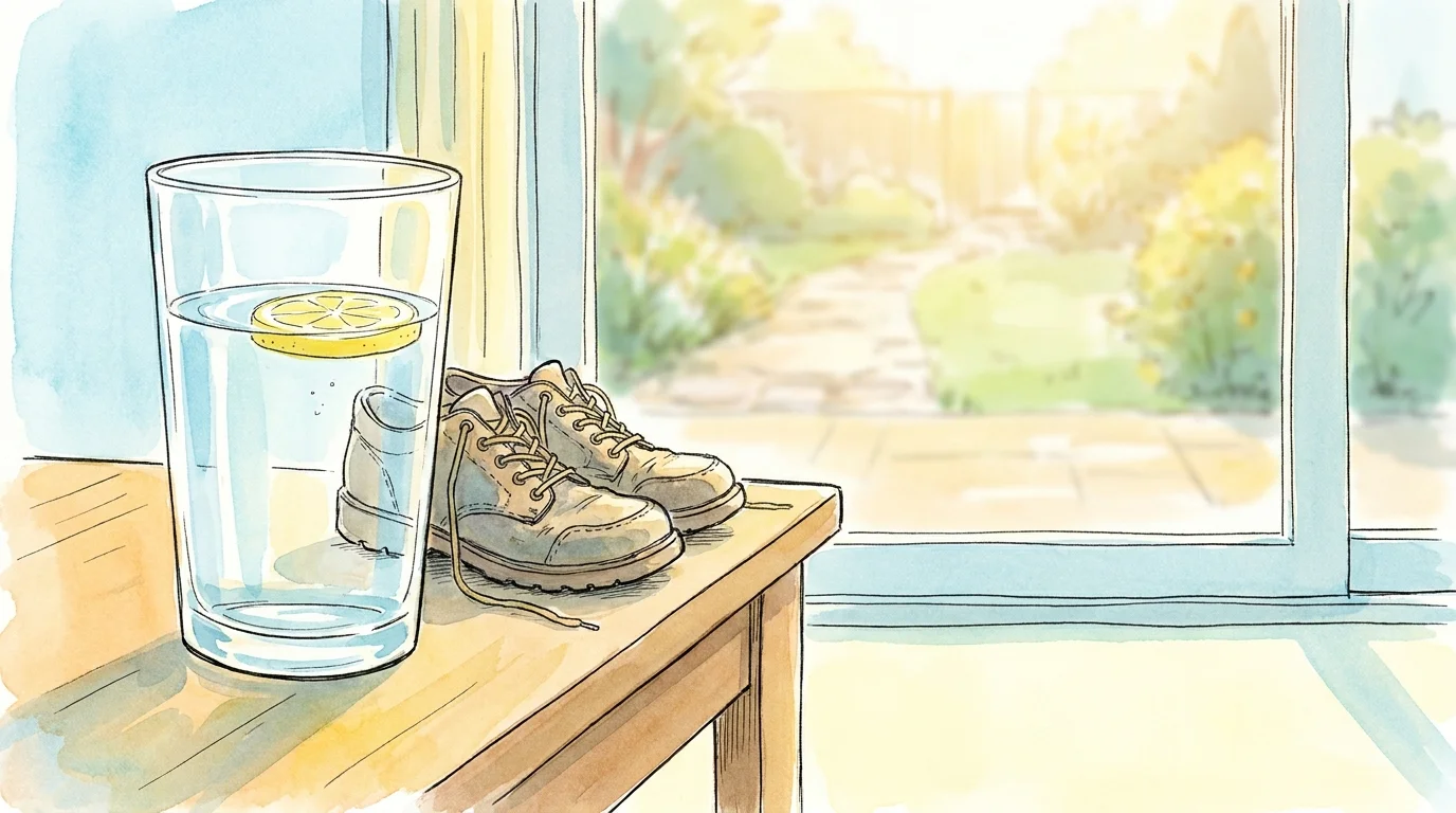 A watercolor painting of a glass of water and walking shoes by a window, symbolizing hydration and movement.