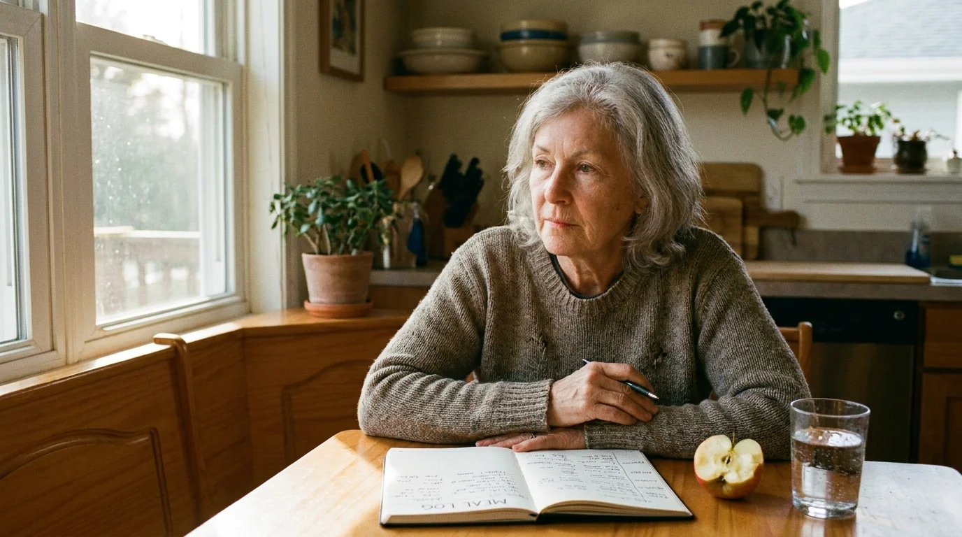 A woman sitting at a table with a notebook, thoughtfully tracking her dietary progress in a sunlit room.