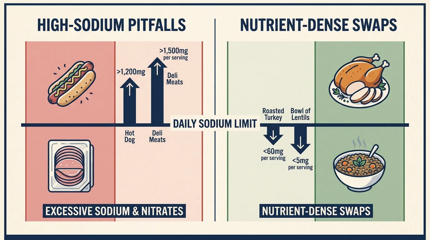 An infographic comparing high-sodium processed meats to healthy swaps like turkey and lentils.