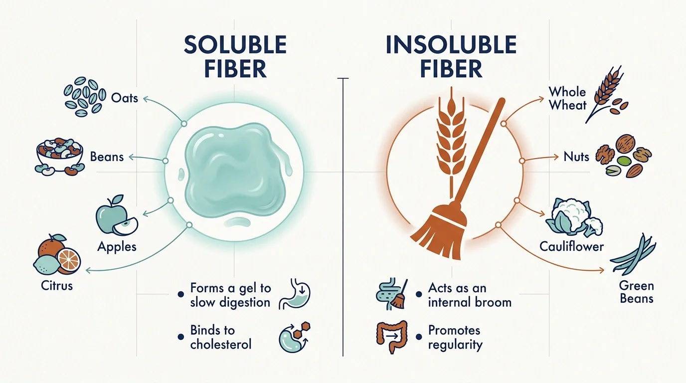 An infographic comparing soluble and insoluble fiber, listing food sources and their different roles in digestive health.