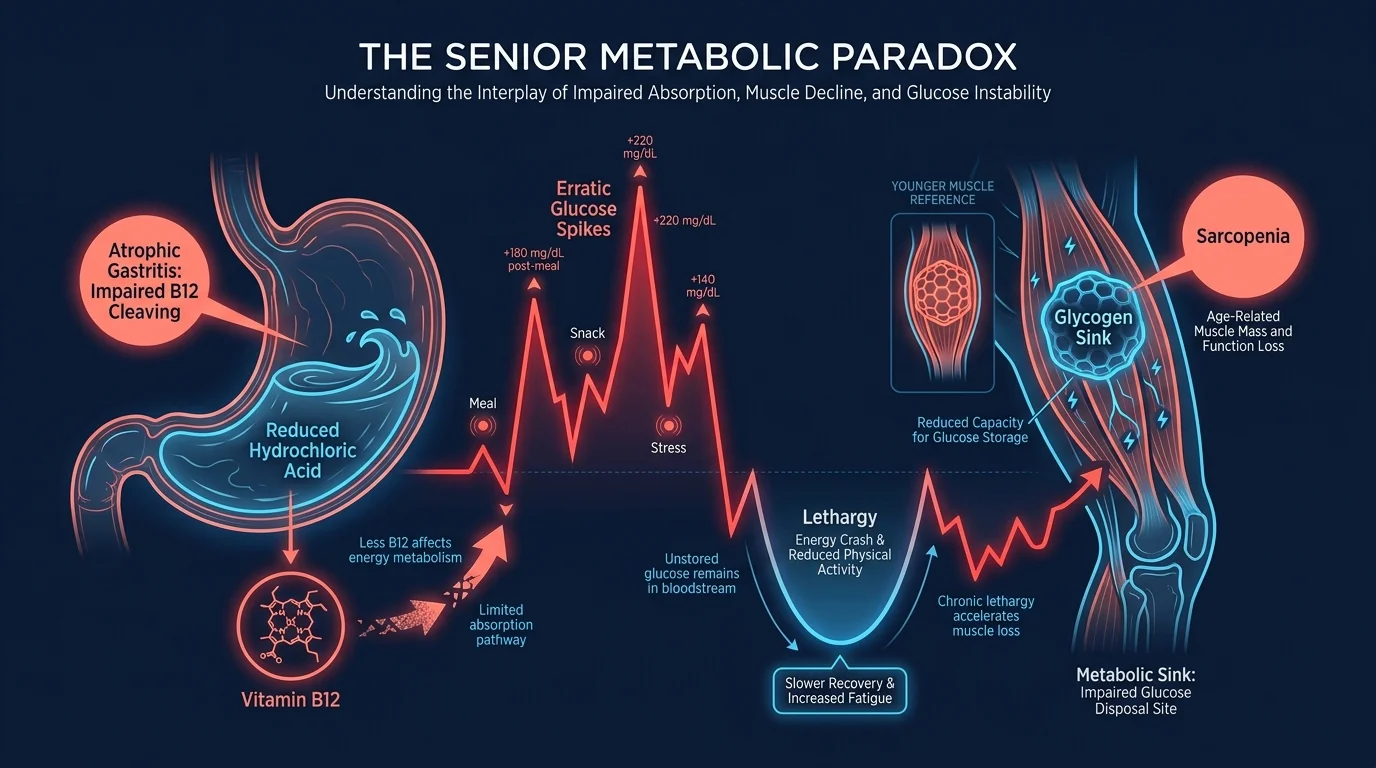 An infographic showing how atrophic gastritis and sarcopenia contribute to B12 deficiency and blood sugar crashes in seniors.
