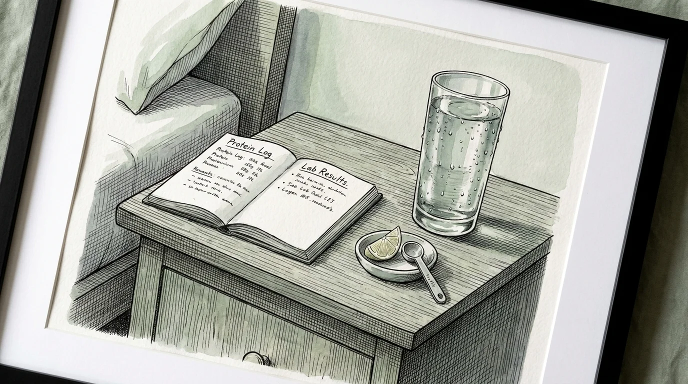 An ink and watercolor illustration of a health journal and a glass of water, symbolizing the careful monitoring of nutrition and health.