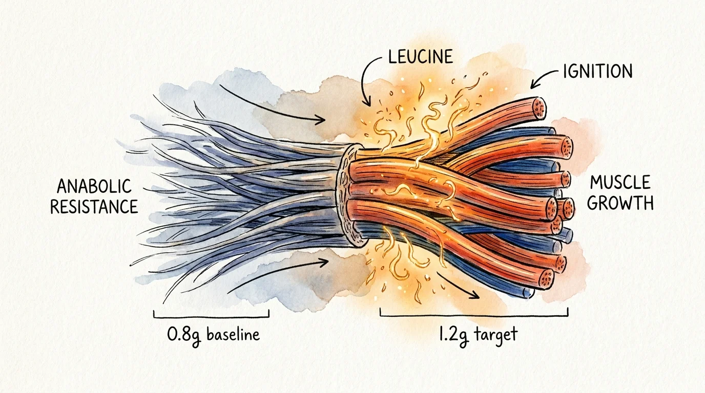 An ink and watercolor illustration showing muscle fibers being activated and thickened by leucine sparks, contrasting weak and strong tissue
