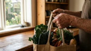 Close-up of a senior person's hands firmly carrying heavy grocery bags in a sunlit kitchen, emphasizing strength and independence.