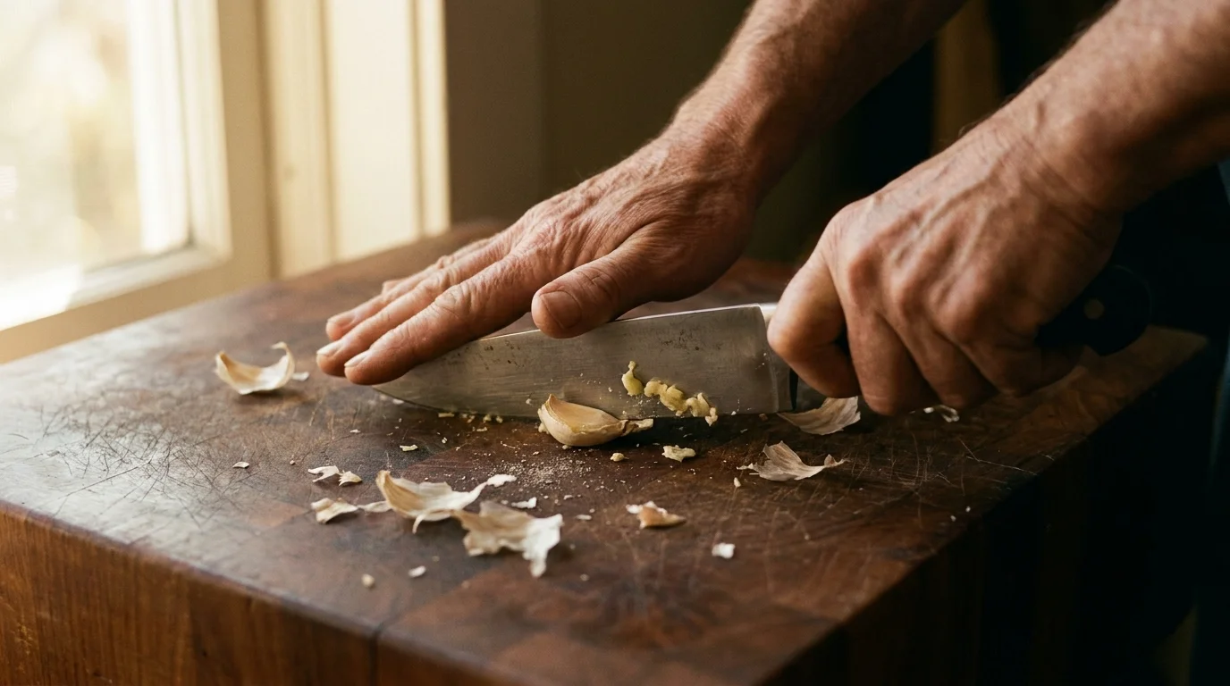 A 35mm film-style photo of hands crushing a garlic clove on a wooden board.