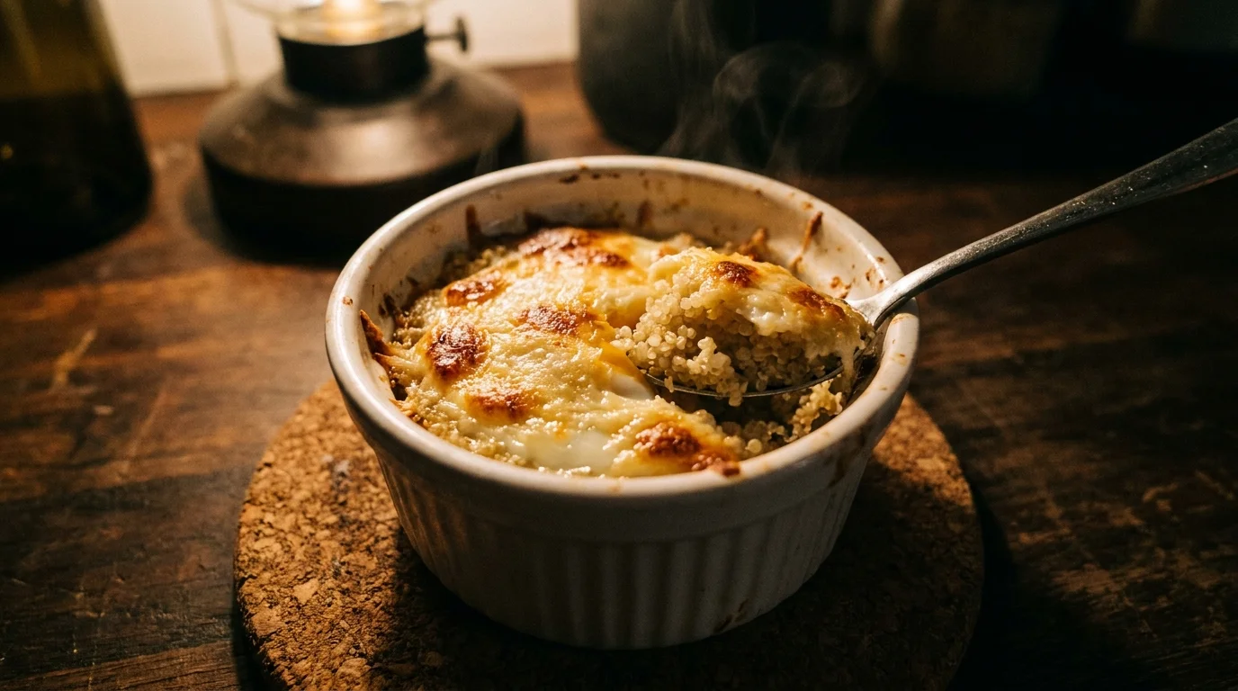 A baked egg in a ramekin with quinoa and a melted parmesan cheese crust.