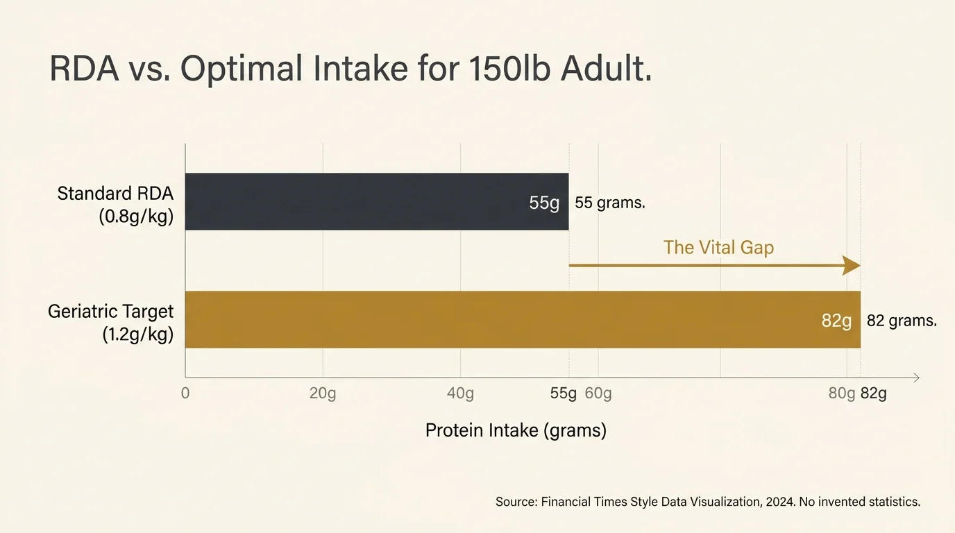 A bar chart comparing the 55g RDA to the 82g geriatric target for a 150-pound adult.