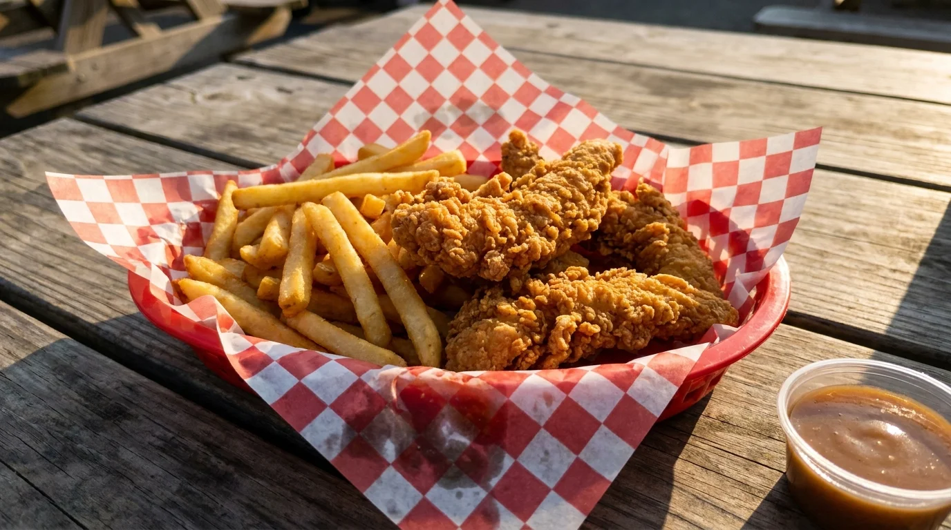 A basket of fried chicken and French fries on a wooden table, showing grease on the paper liner.