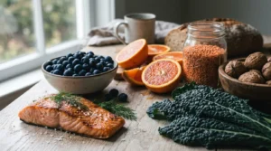 A beautiful overhead shot of salmon, berries, kale, walnuts, and citrus on a wooden table, representing heart-healthy foods.