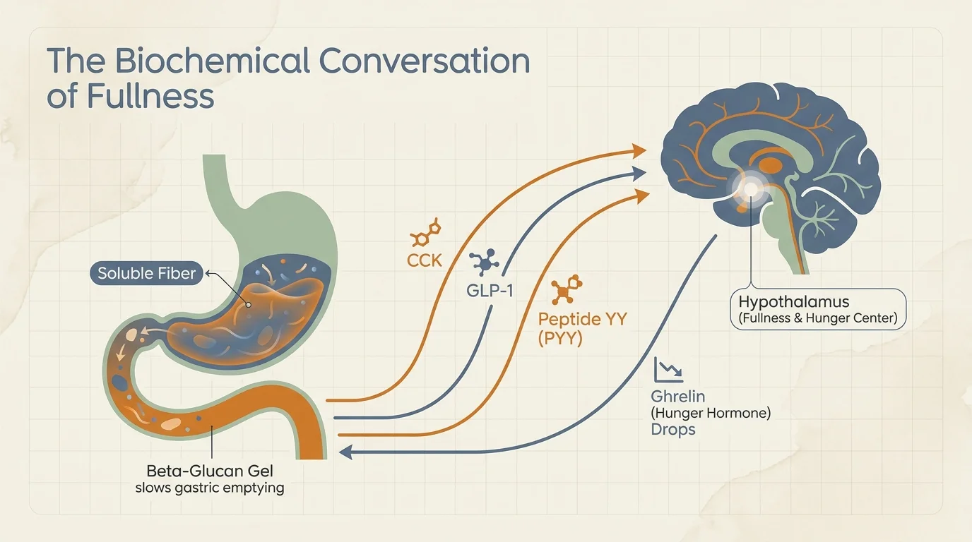 A biological diagram showing hormones like CCK and PYY signaling the brain from the digestive tract to control hunger.