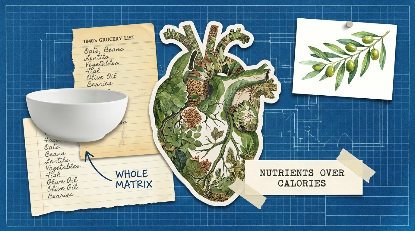 A blueprint-themed collage with the text 'Nutrients over Calories' and various dietary symbols.