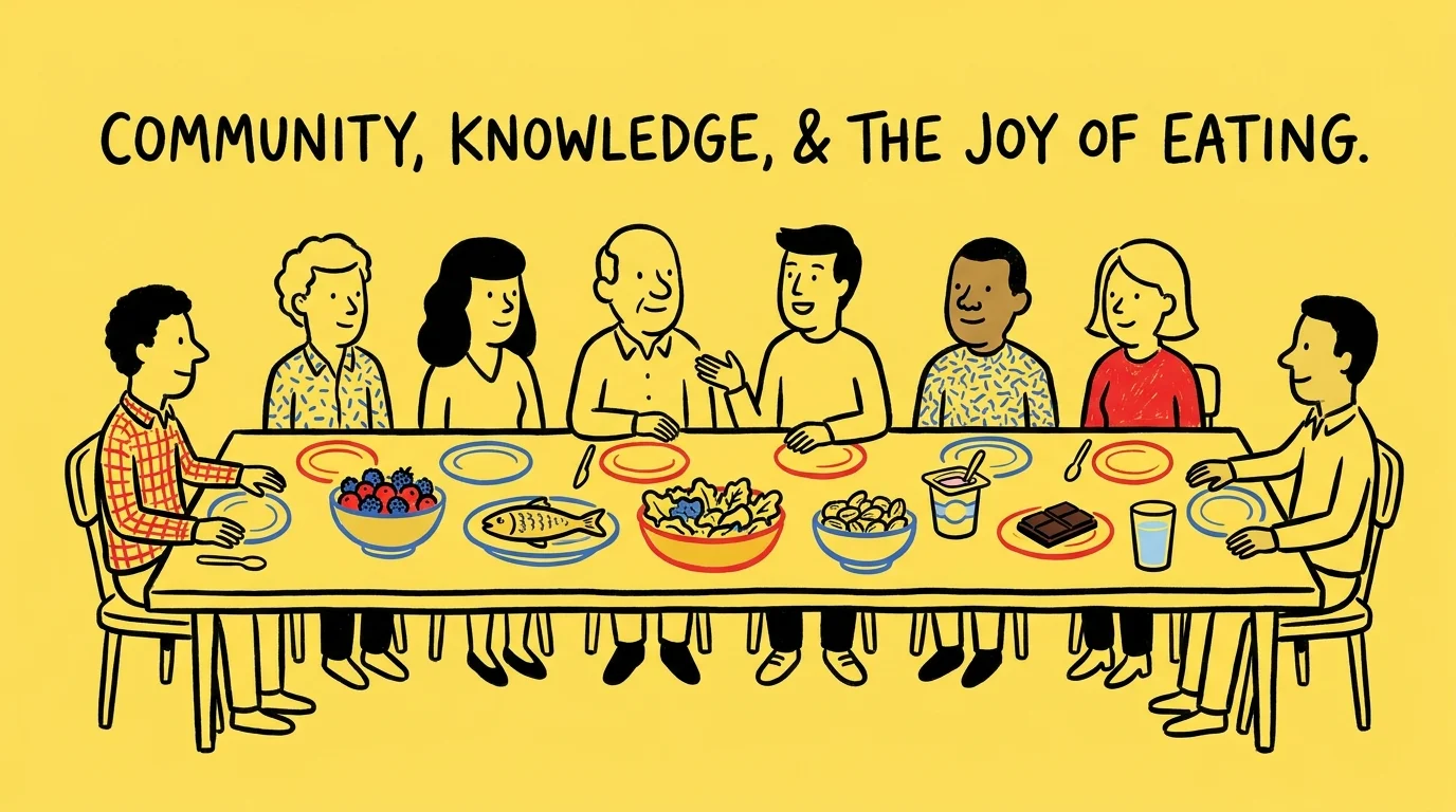 A bold ink illustration of people sharing a healthy meal and talking, representing a community of nutrition experts.