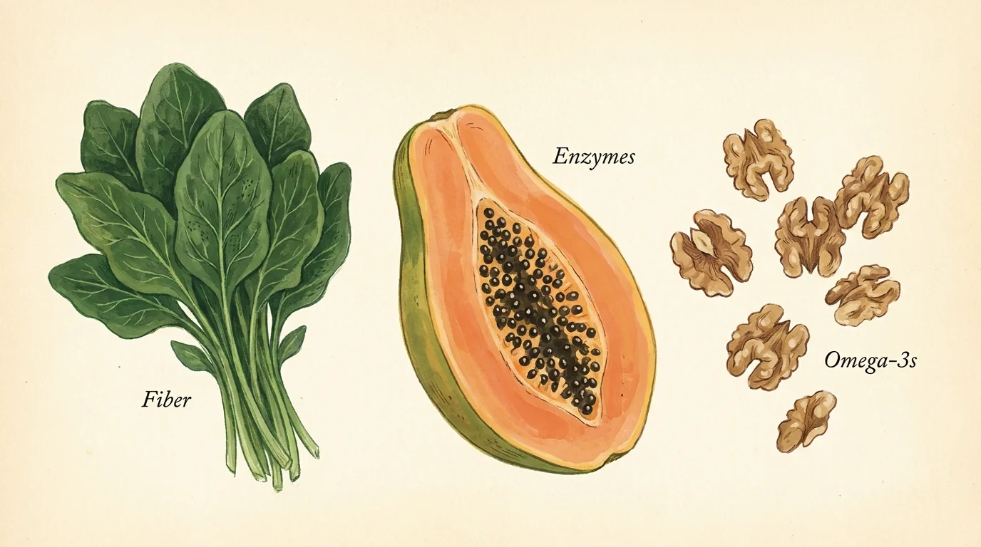 A botanical-style illustration of spinach, papaya, and walnuts labeled with their digestive nutrients.