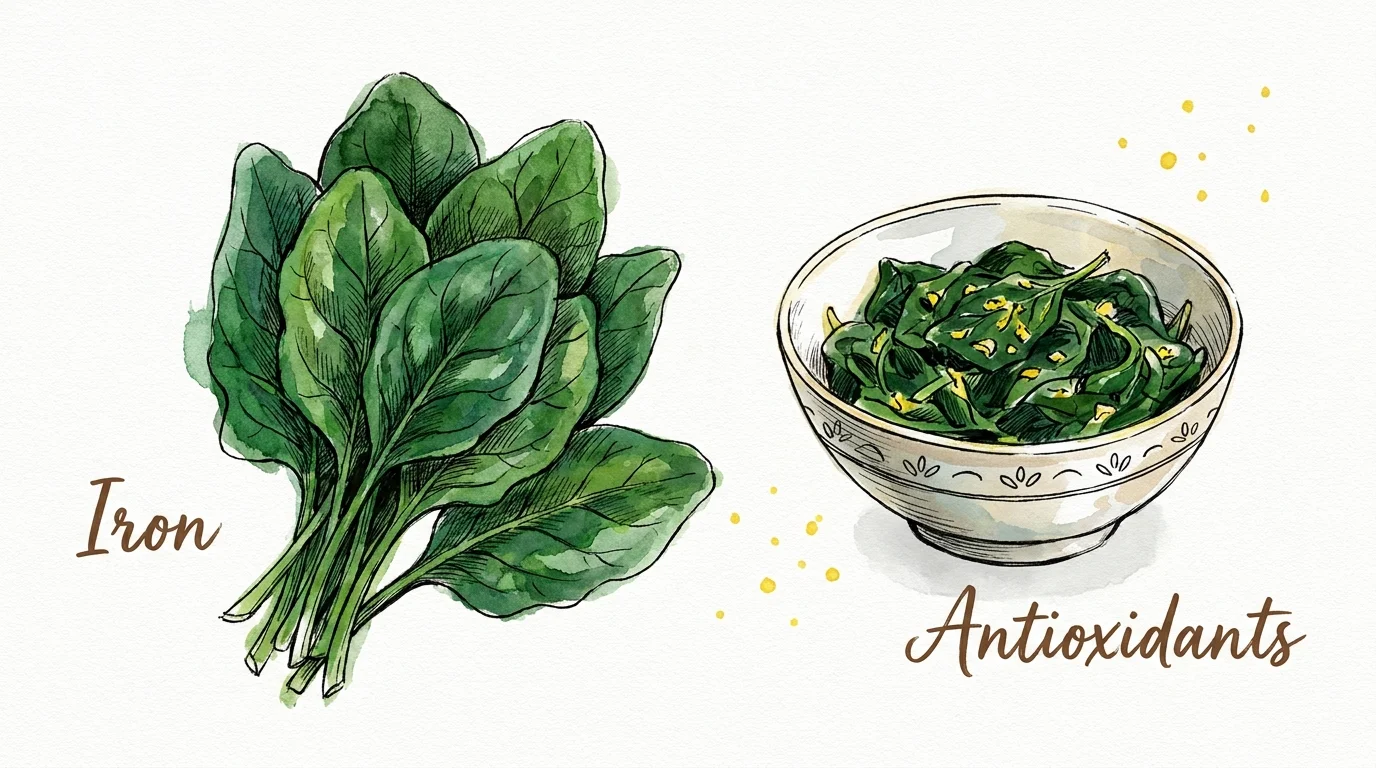 A botanical watercolor illustration of spinach leaves, labeled for their iron and antioxidant content.