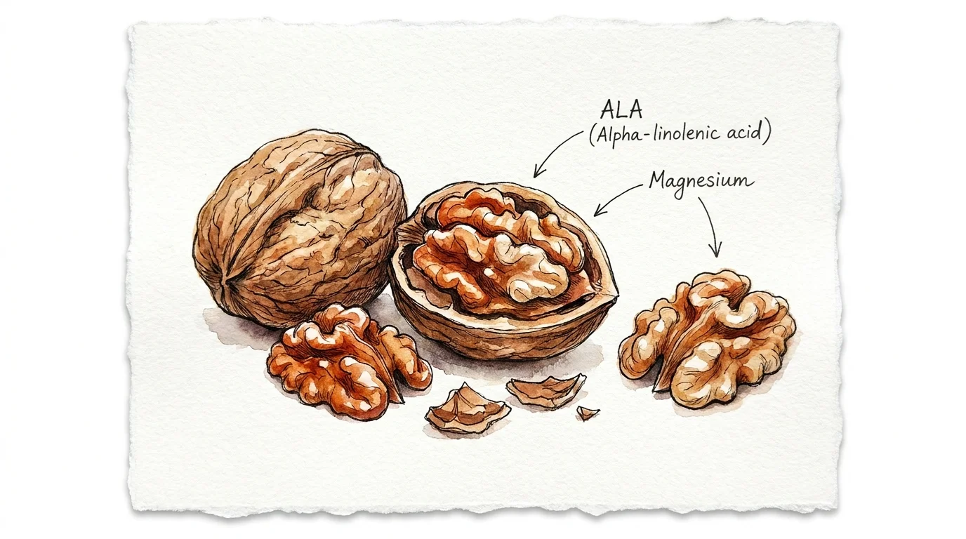 A botanical watercolor illustration of walnuts showing their internal structure and nutritional components.