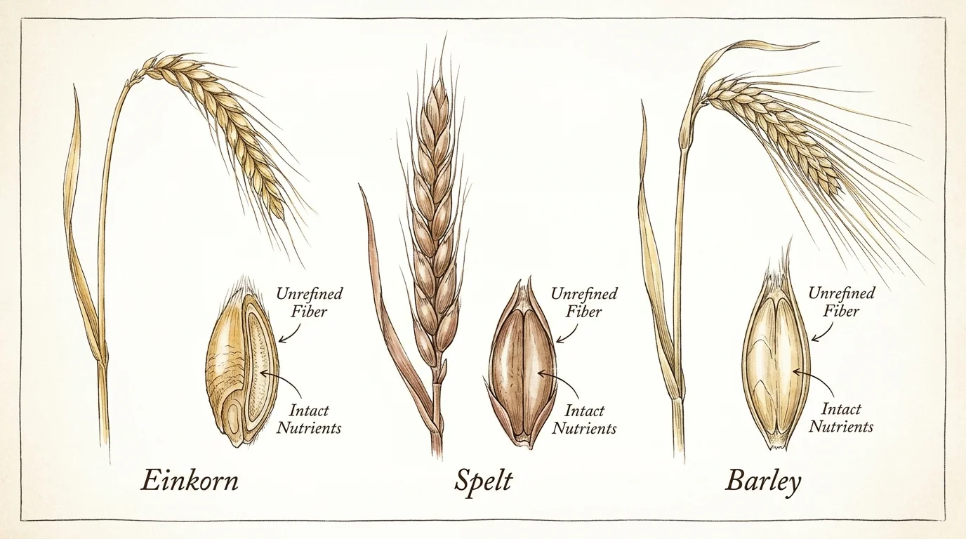 A botanical watercolor illustration showing stalks and kernels of ancient grains like einkorn and spelt.