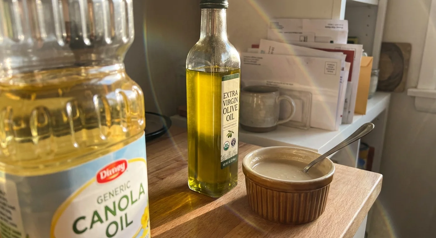 A bottle of olive oil glows in the sunlight on a kitchen counter next to a bowl of tahini.