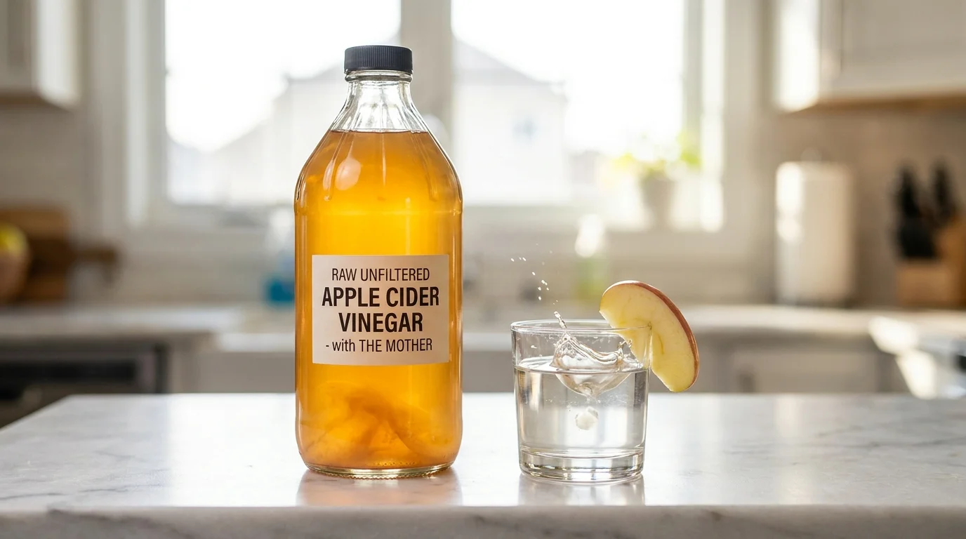 A bottle of raw apple cider vinegar and a glass of water on a marble counter, with an apple slice nearby.