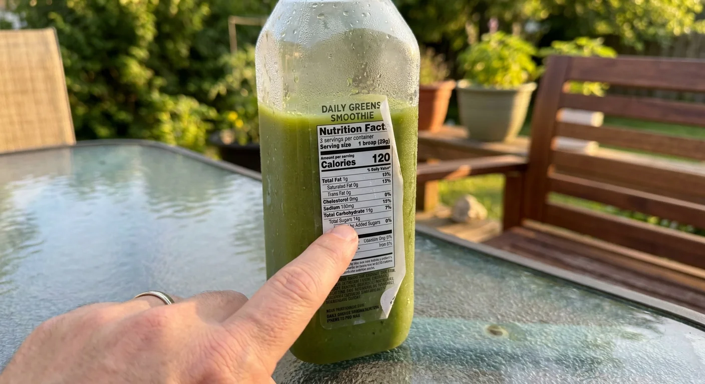 A bottled green smoothie on a table, with a hand pointing to the high sugar content on the nutrition label.