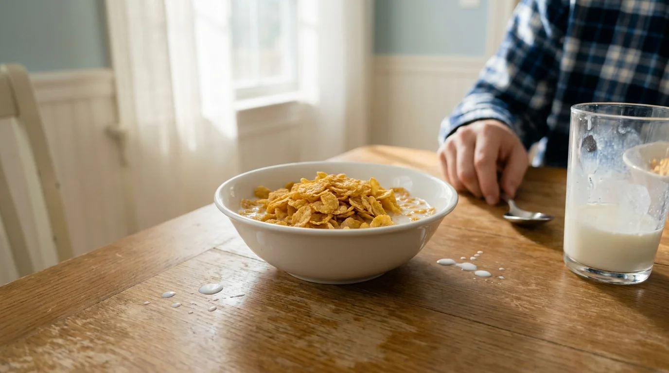 A bowl of cereal with milk on a breakfast table, representing common sources of lactose.
