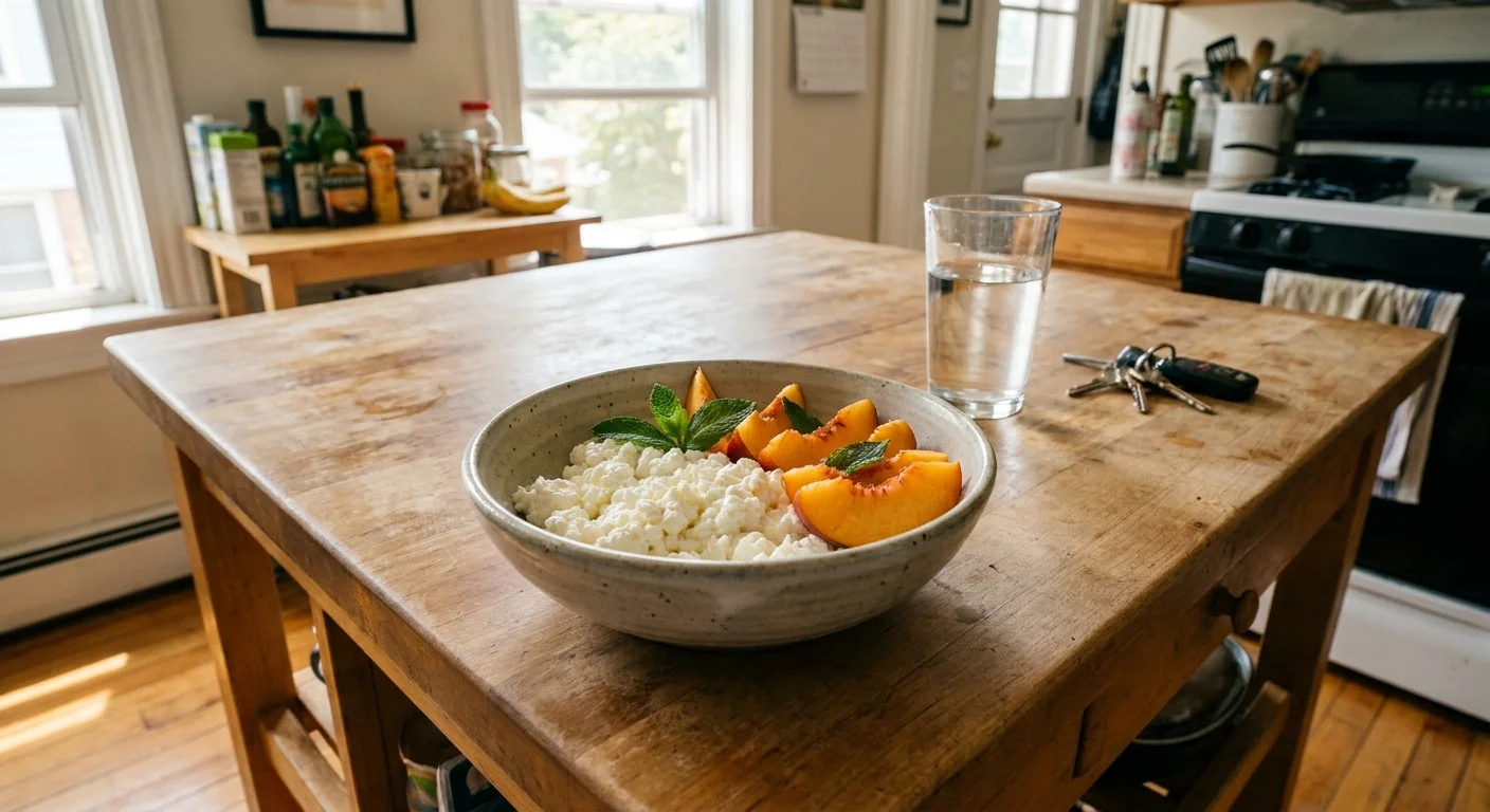 A bowl of large-curd cottage cheese with sliced peaches on a kitchen island.