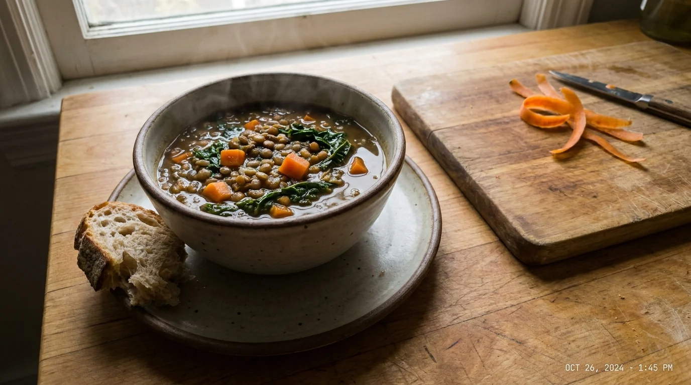 A bowl of lentil soup with carrots and kale next to a piece of crusty bread on a kitchen counter.